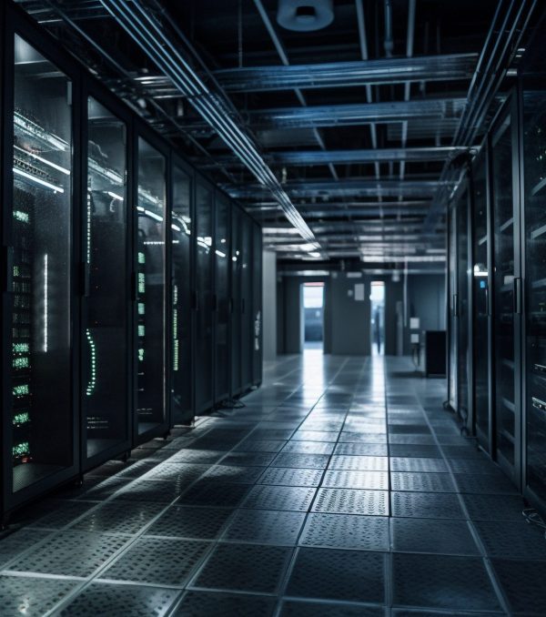 Futuristic computer lab equipment in a row generated by artificial intelligence